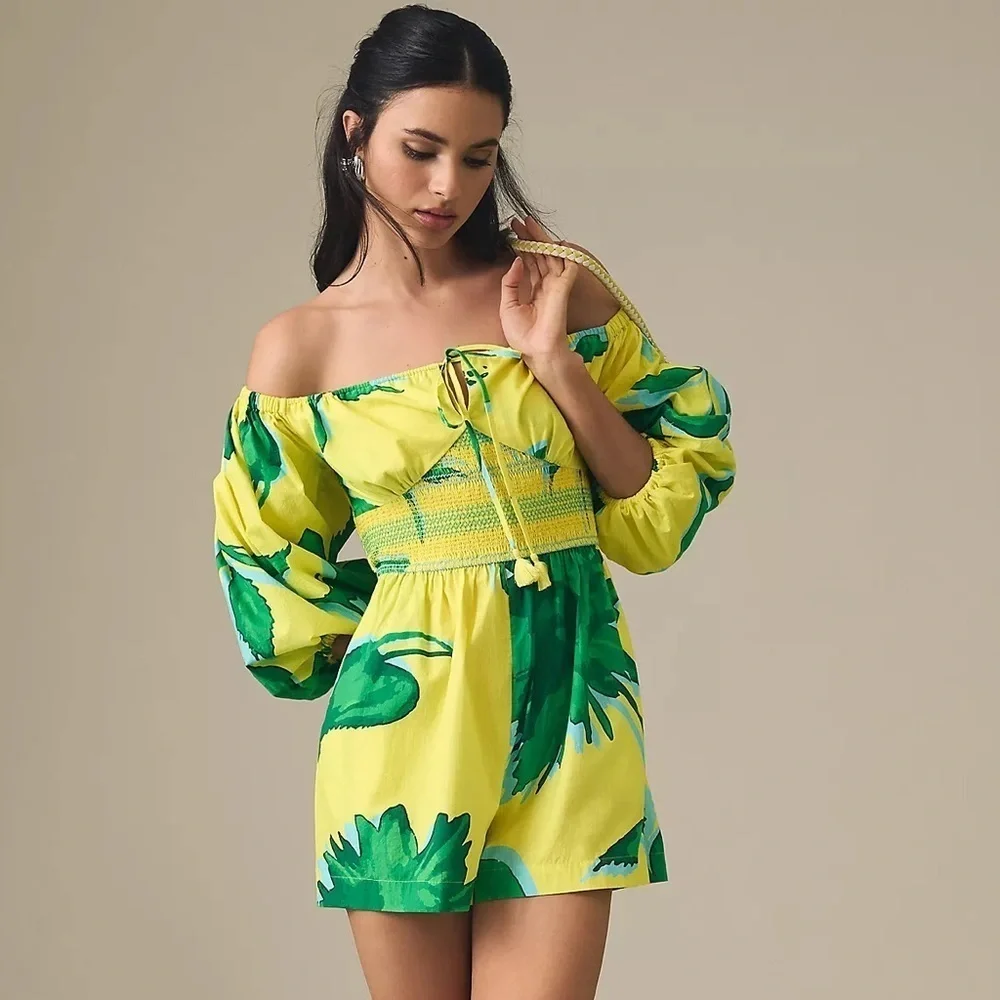 NWT Plenty by Tracy Reese Off-The-Shoulder Smocked Romper bu Anthropologie